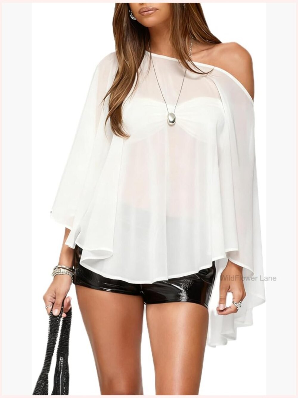 Sheer Chiffon Off Shoulder Blouse Flowy Top with Loose Sleeves